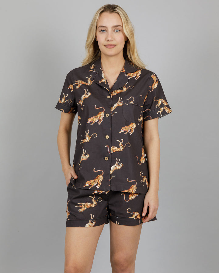 Womens Short Pyjamas - Jumping Cheetah on Charcoal Front - Woodstock Laundry