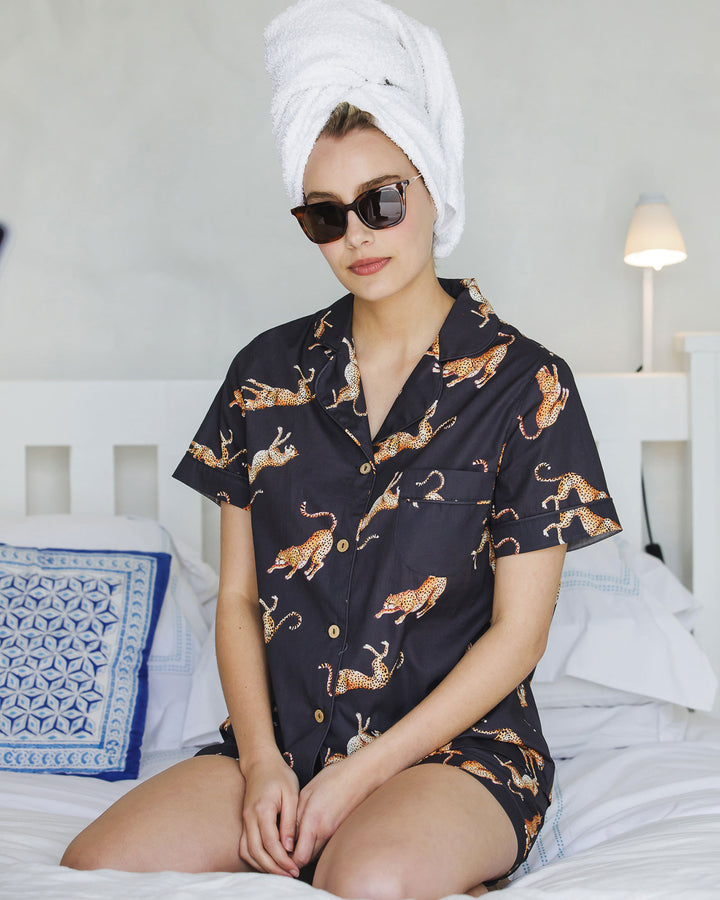 Womens Short Pyjamas - Jumping Cheetah on Charcoal Lifestyle - Woodstock Laundry