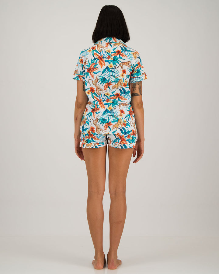 Womens Short Pyjamas - Jungle Cheetah on White Back - Woodstock Laundry