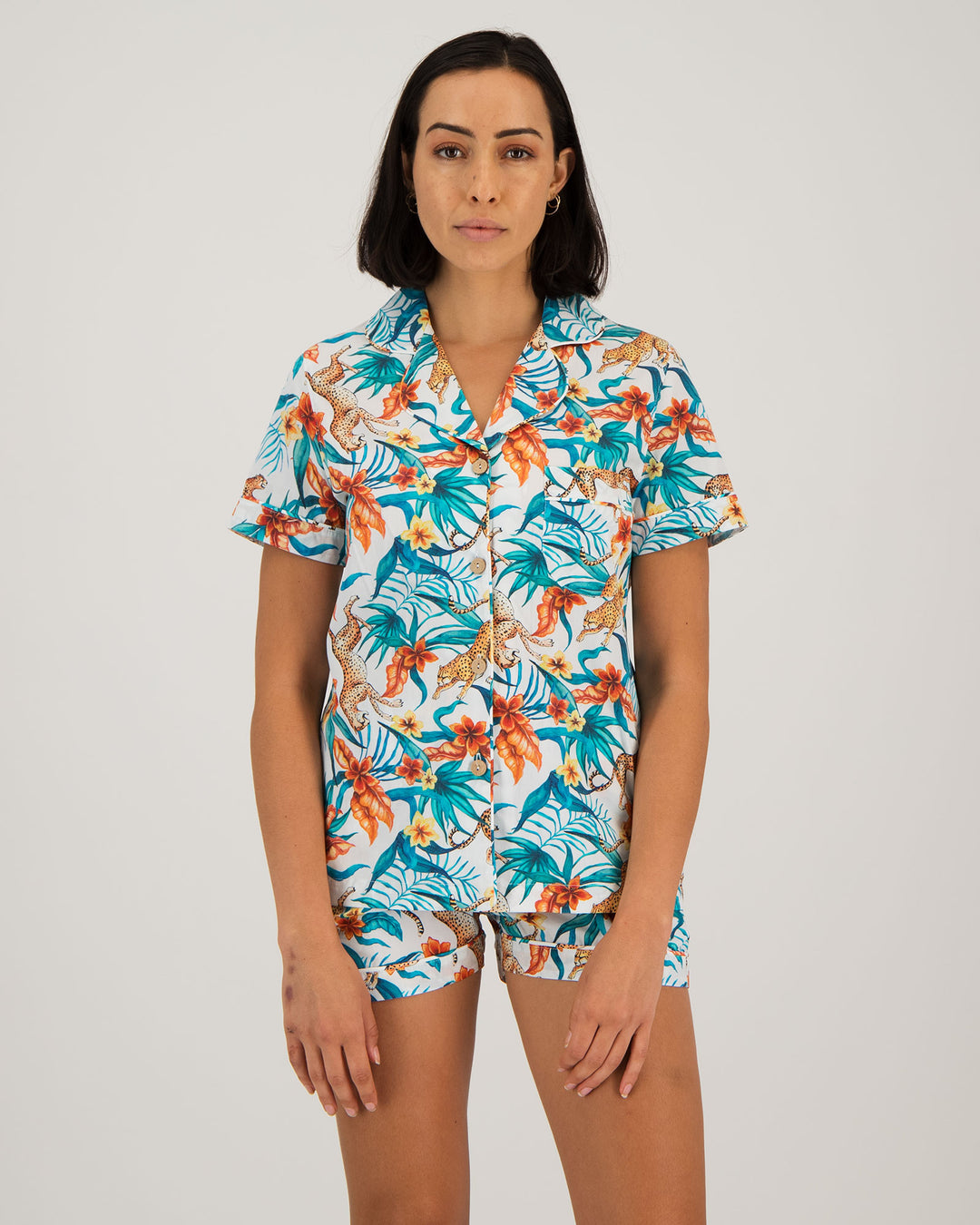 Womens Short Pyjamas - Jungle Cheetah on White Front - Woodstock Laundry