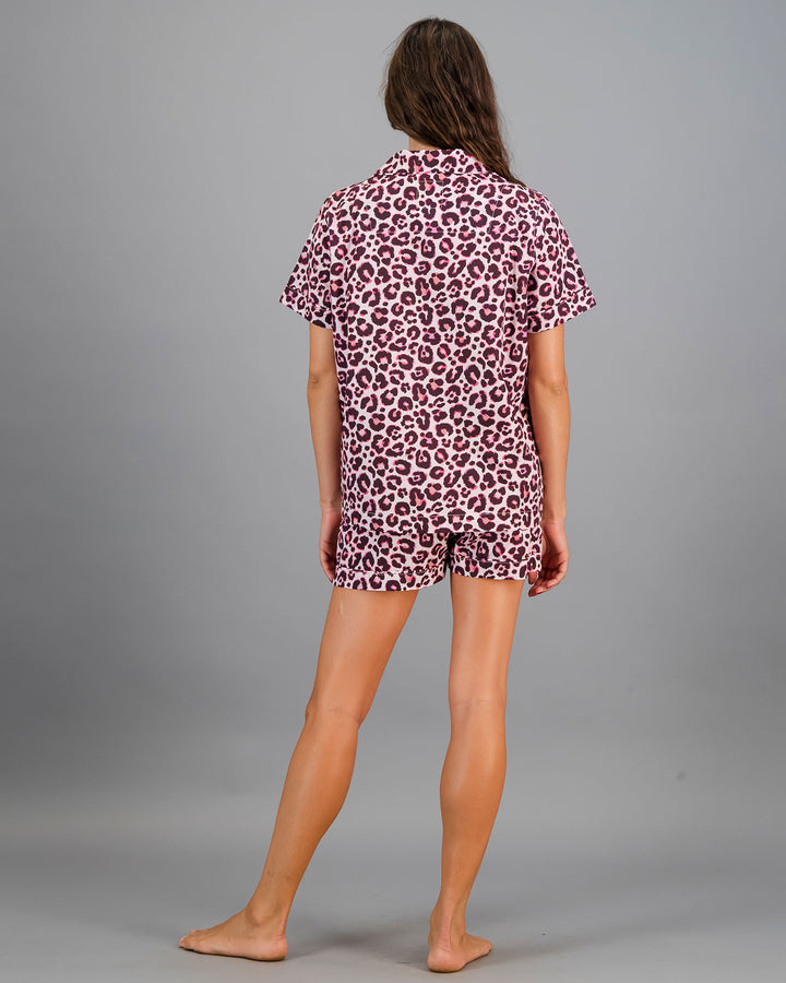 Womens Short Pyjamas Leopard Skin Pink Back - Woodstock Laundry