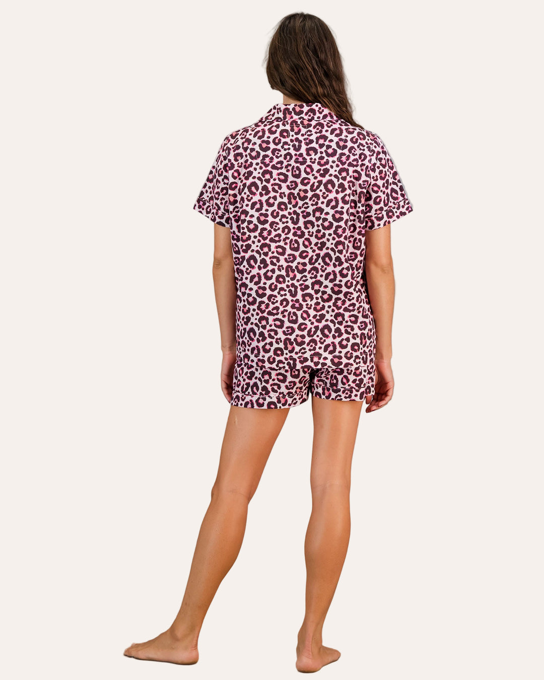 Womens Short Pyjamas - Leopard Skin on Pink Back - Woodstock Laundry