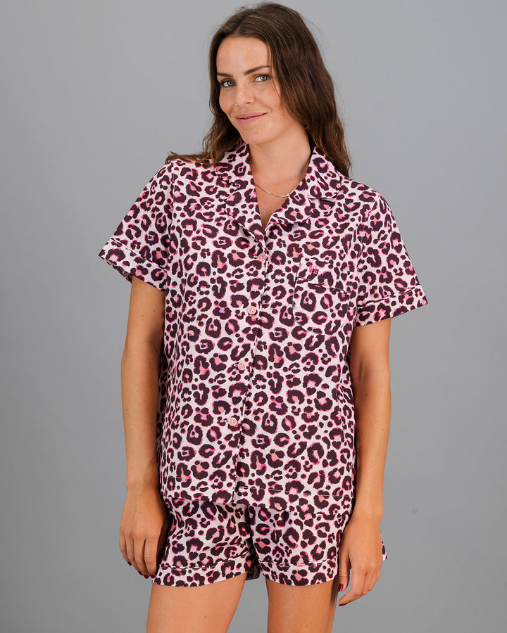 Womens Short Pyjamas Leopard Skin Pink Front - Woodstock Laundry