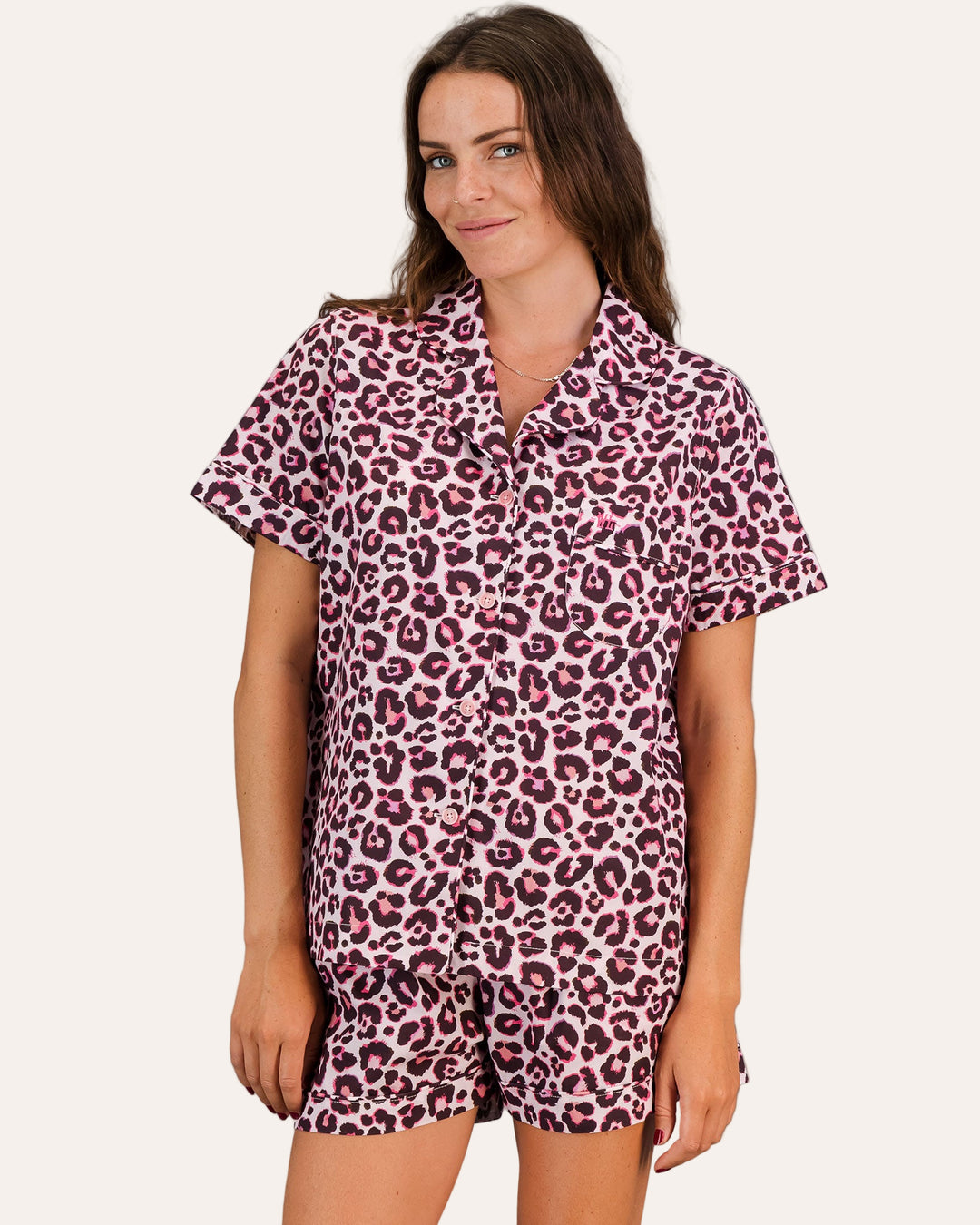 Womens Short Pyjamas - Leopard Skin on Pink Front - Woodstock Laundry