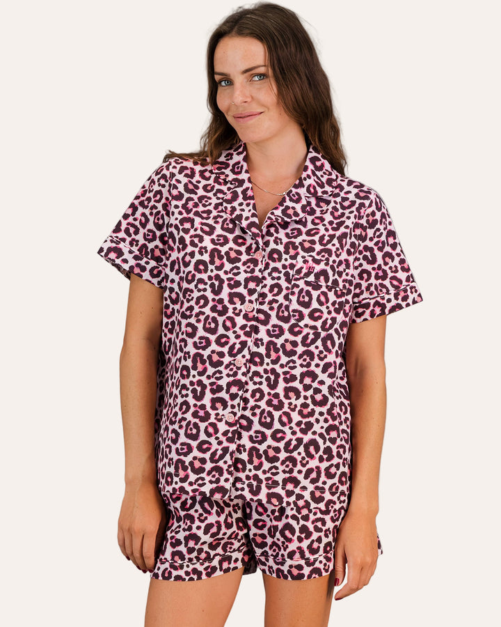 Womens Short Pyjamas - Leopard Skin on Pink Front - Woodstock Laundry
