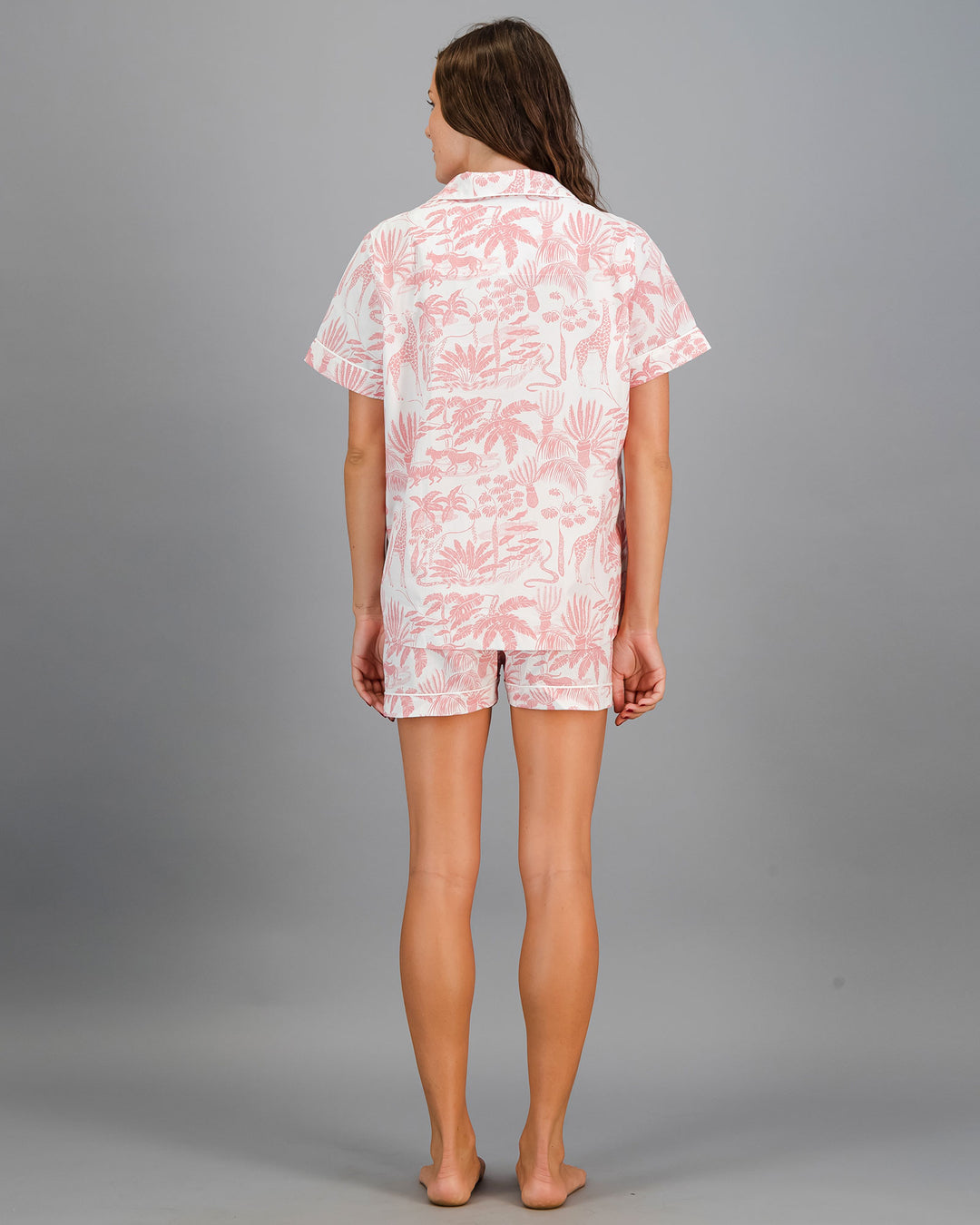 Womens Short Pyjamas - Pink Mono Safari on White Back - Woodstock Laundry