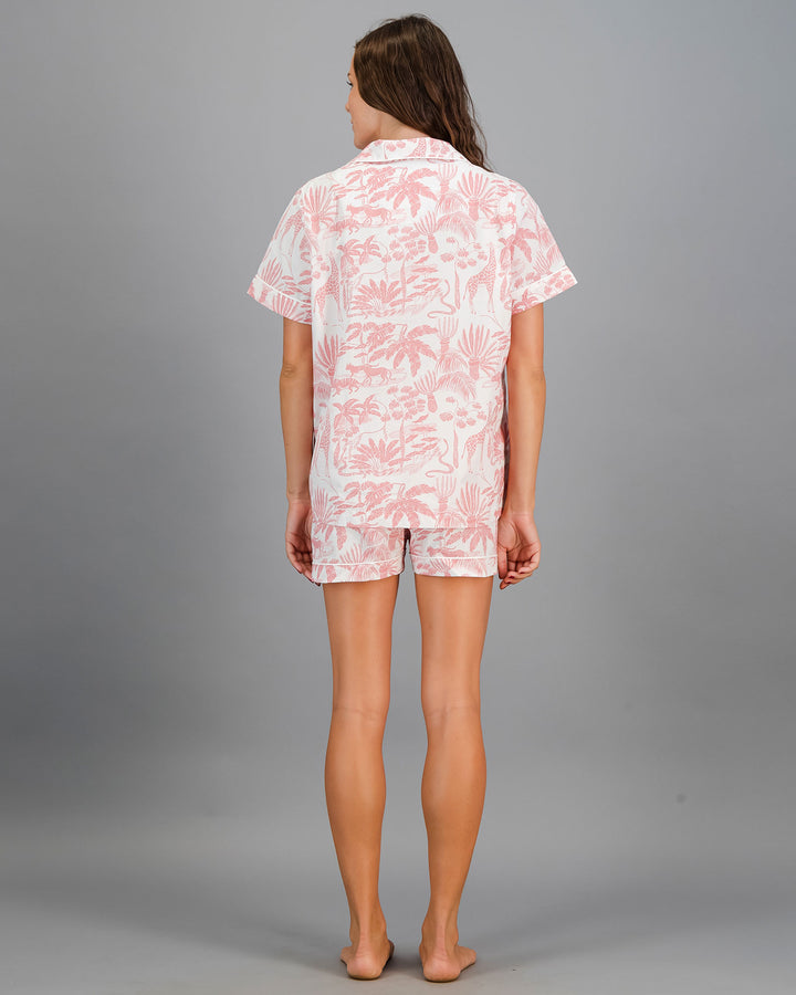 Womens Short Pyjamas - Pink Mono Safari on White Back - Woodstock Laundry