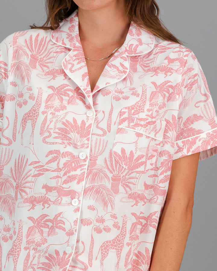 Womens Short Pyjamas - Pink Mono Safari on White Close - Woodstock Laundry