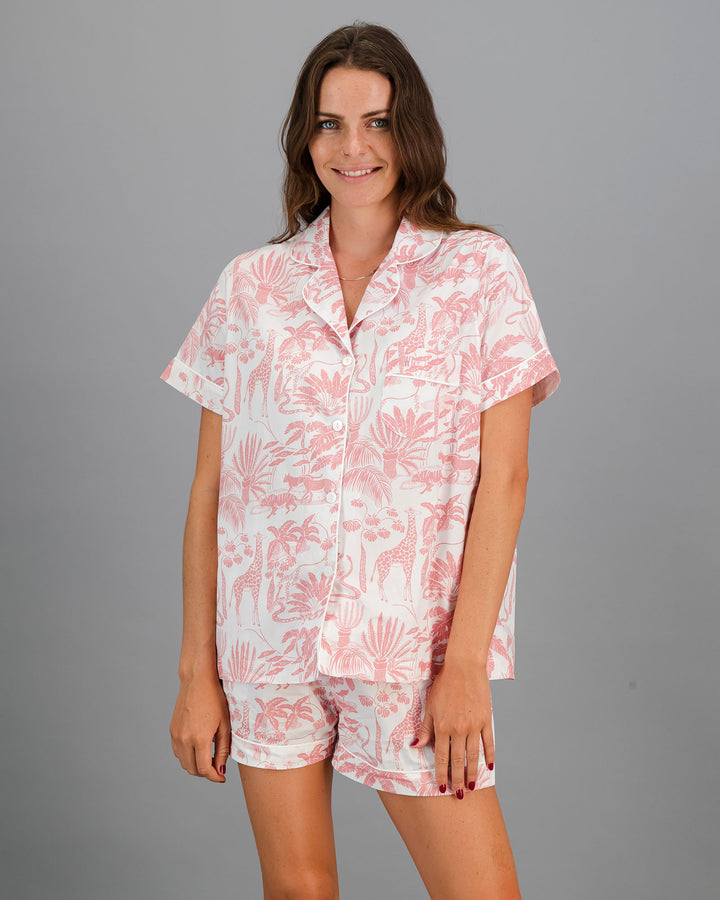 Womens Short Pyjamas - Pink Mono Safari on White Front - Woodstock Laundry