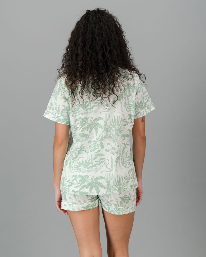 Womens Short Pyjamas - Sage Mono Safari on White Back - Woodstock Laundry
