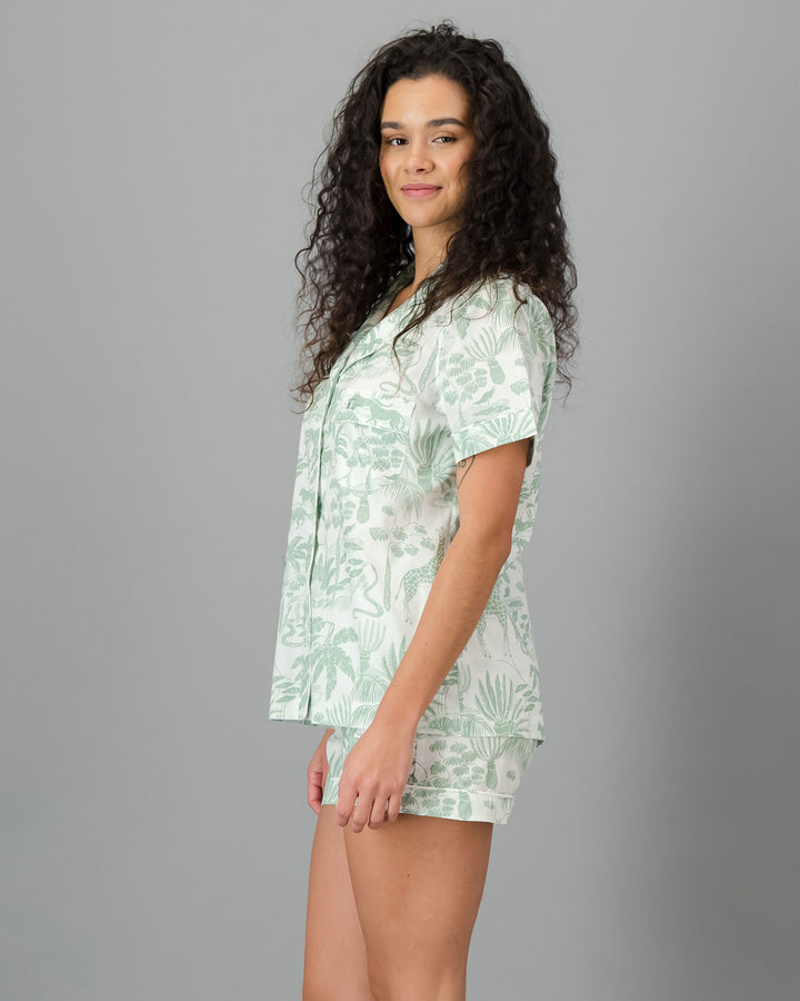 Womens Short Pyjamas - Sage Mono Safari on White Side - Woodstock Laundry