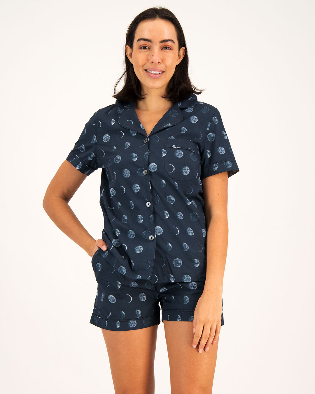 Womens Short Pyjamas - Moons on Navy Front - Woodstock Laundry
