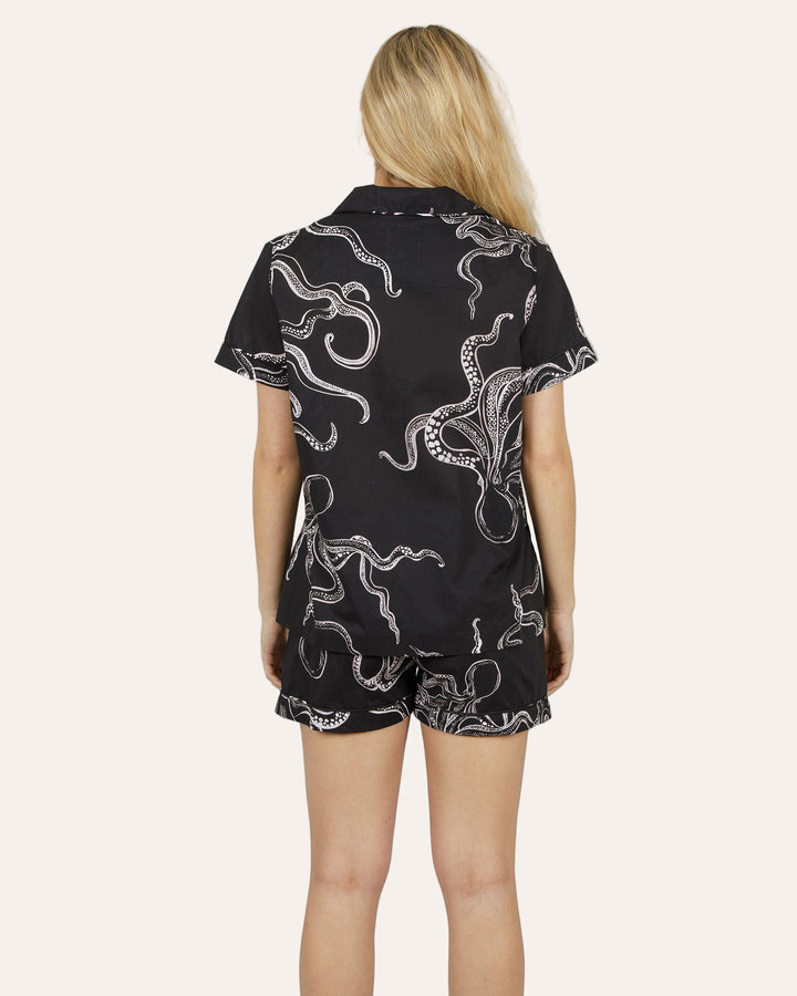 Womens Short Pyjamas - White Octopus on Black Back - Woodstock Laundry