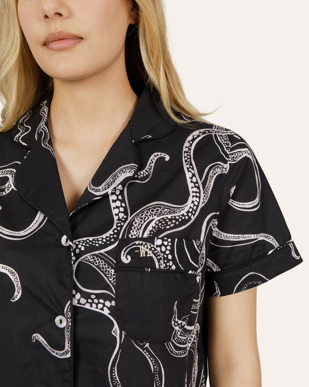 Womens Short Pyjamas - White Octopus on Black Close - Woodstock Laundry
