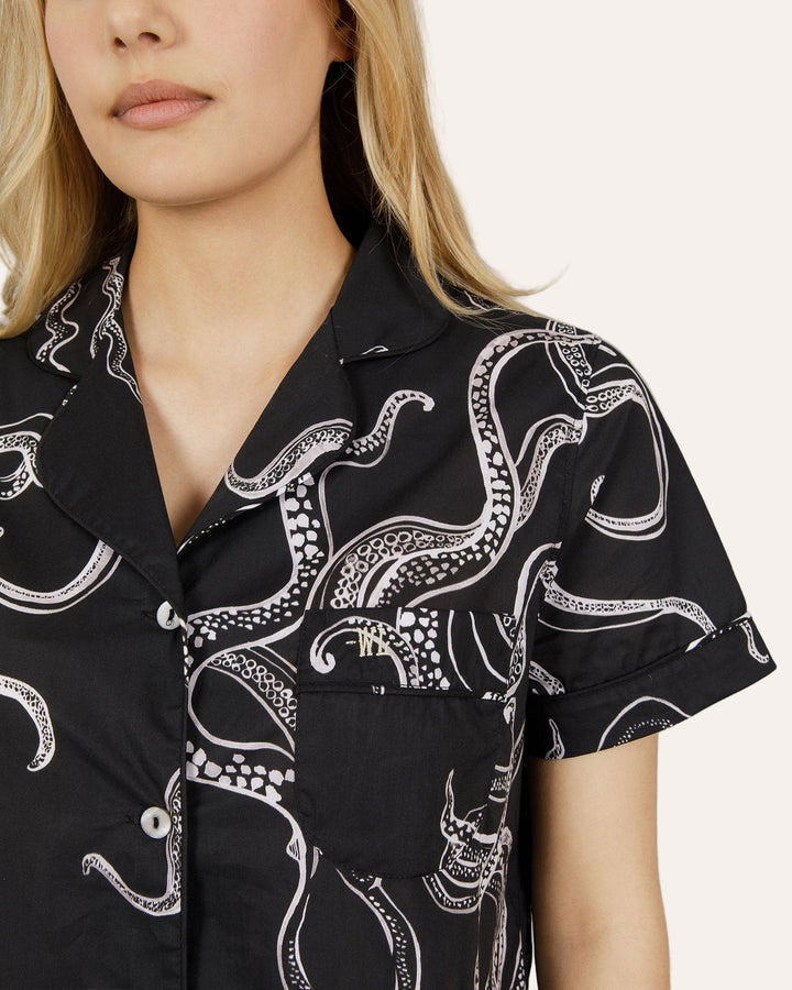 Womens Short Pyjamas - White Octopus on Black Close - Woodstock Laundry
