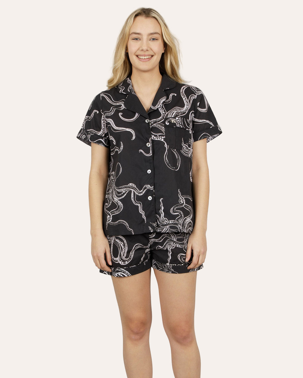 Womens Short Pyjamas - White Octopus on Black Front - Woodstock Laundry