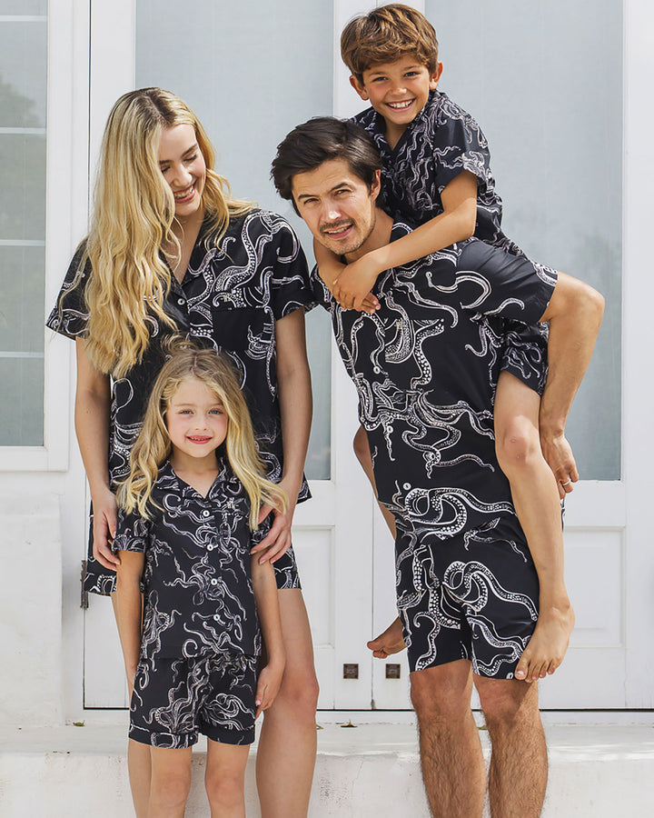 Womens Short Pyjamas - White Octopus on Black Family - Woodstock Laundry