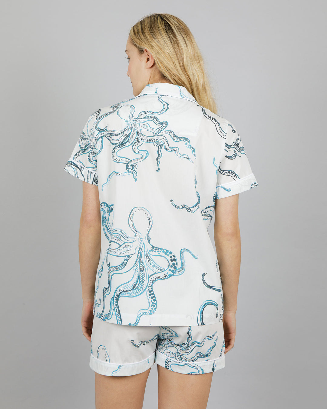 Womens Short Pyjamas - Indigo Octopus on White Back - Woodstock Laundry
