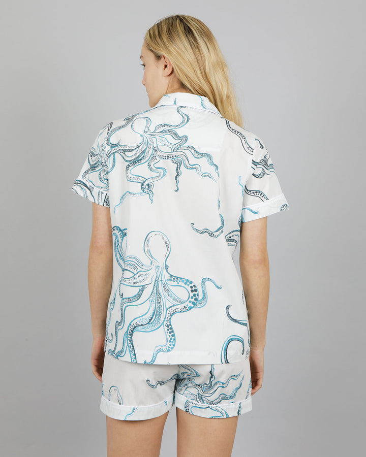 Womens Short Pyjamas - Indigo Octopus on White Back - Woodstock Laundry