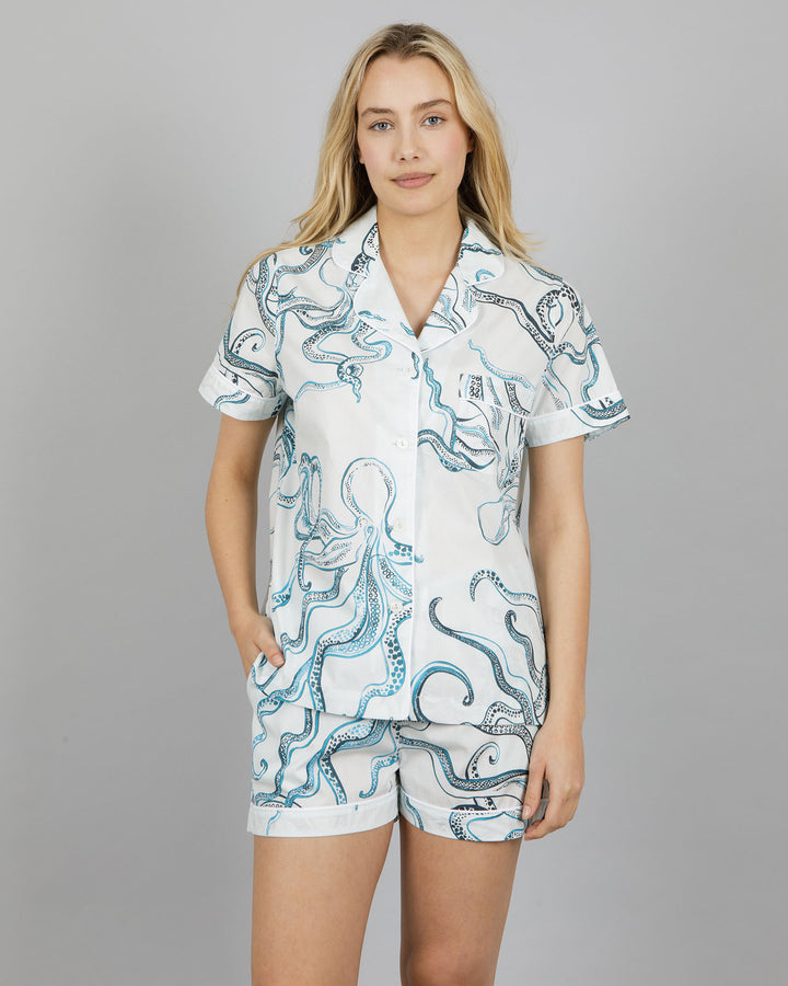 Womens Short Pyjamas - Indigo Octopus on White Front - Woodstock Laundry