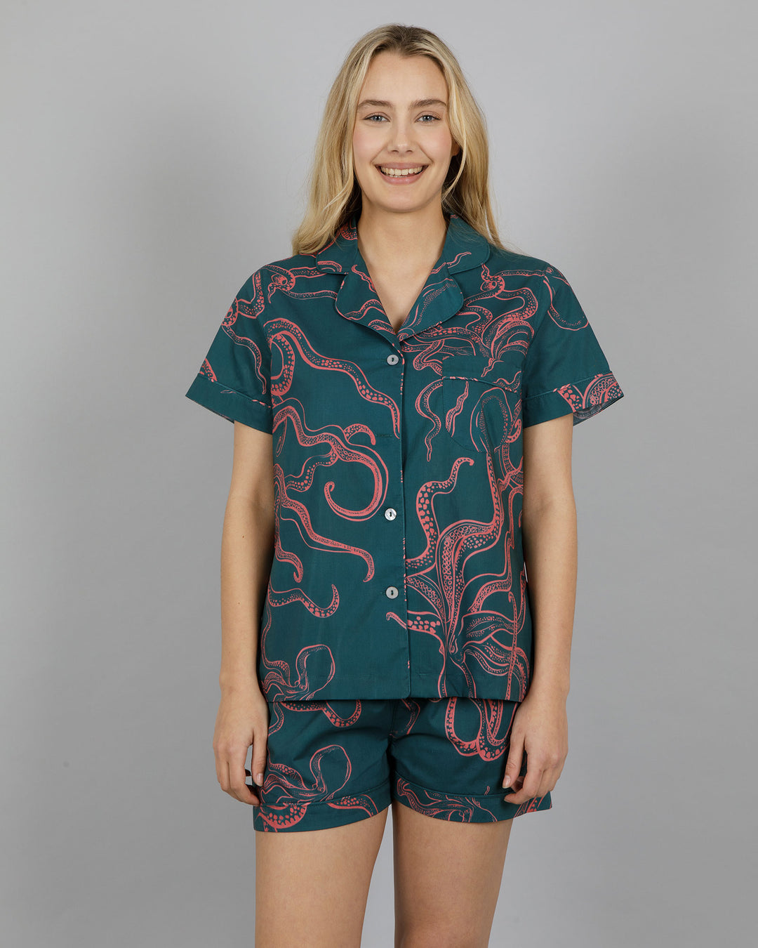 Womens Short Pyjamas - Pink Octopus on Green Front - Woodstock Laundry