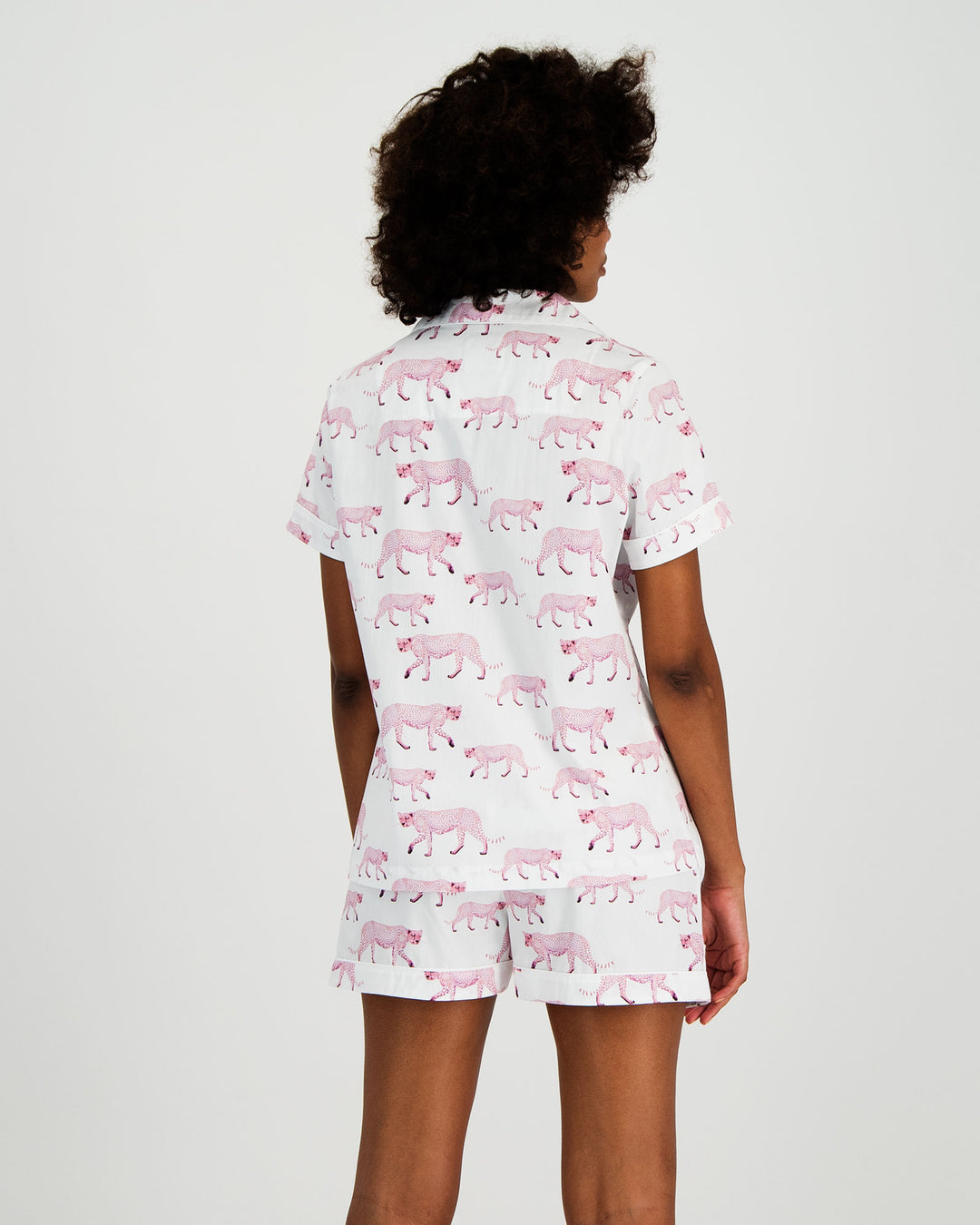 Womens Short Pyjamas - Pink Cheetahs on White Back - Woodstock Laundry