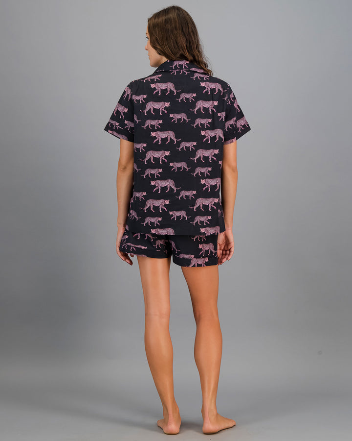 Womens Short Pyjamas Pink Cheetahs Charcoal Back - Woodstock Laundry