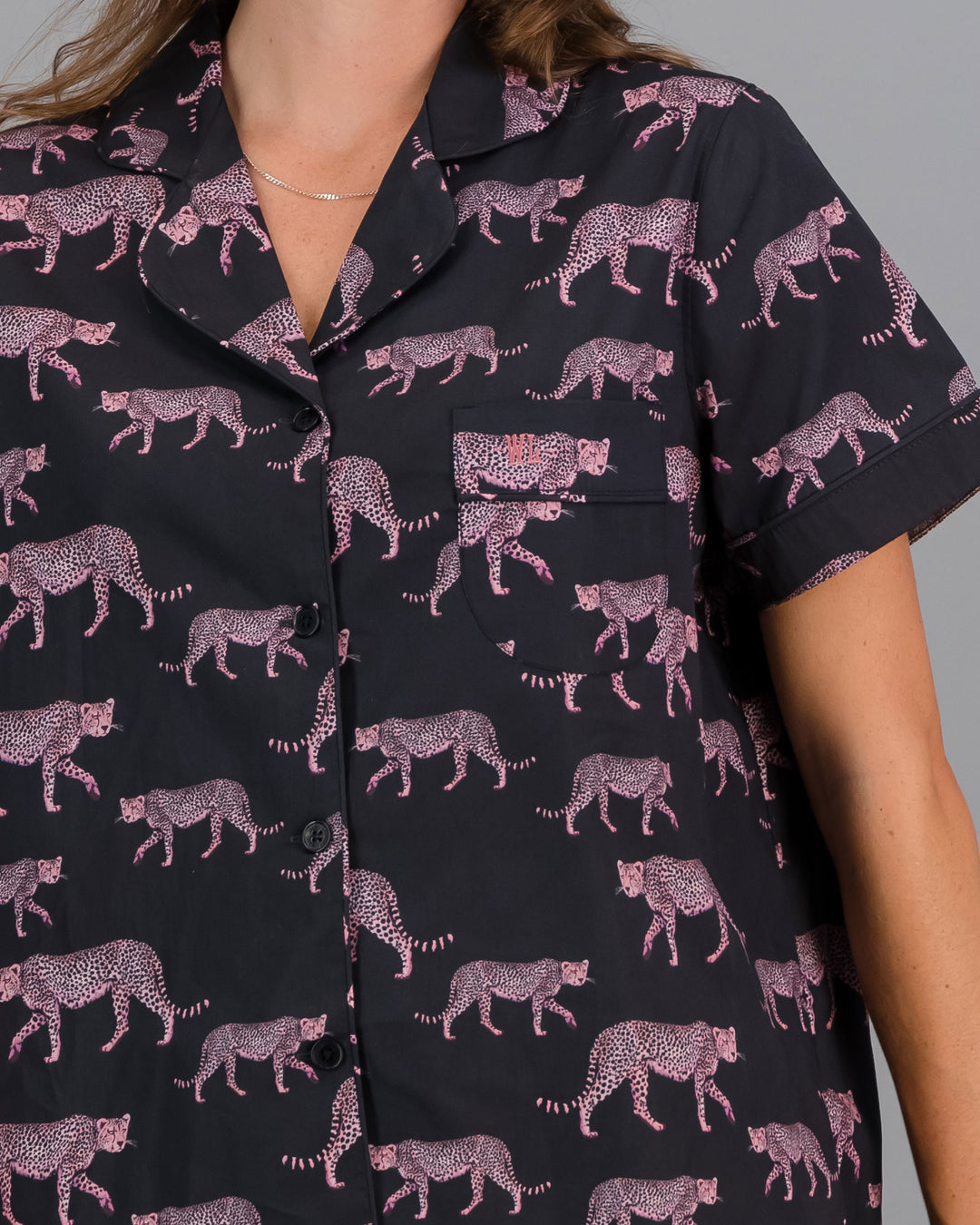 Womens Short Pyjamas Pink Cheetahs Charcoal Close - Woodstock Laundry
