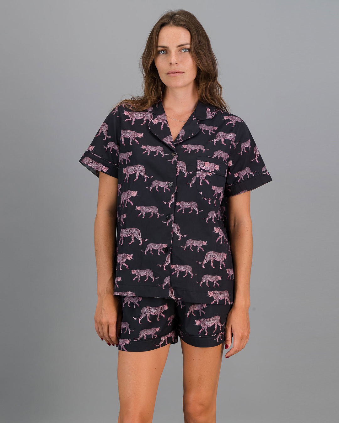Womens Short Pyjamas Pink Cheetahs Charcoal Front - Woodstock Laundry