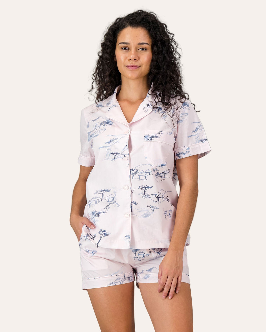 Womens Short Pyjamas Grey Wild Coast on Pink – Woodstock Laundry SA