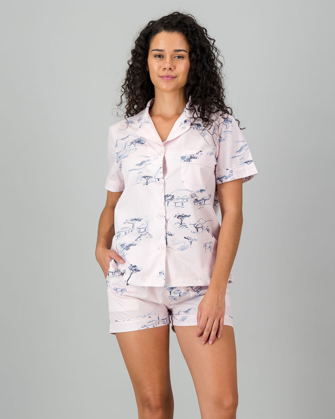 Womens Short Pyjamas - Grey Wild Coast on Pink Front - Woodstock Laundry