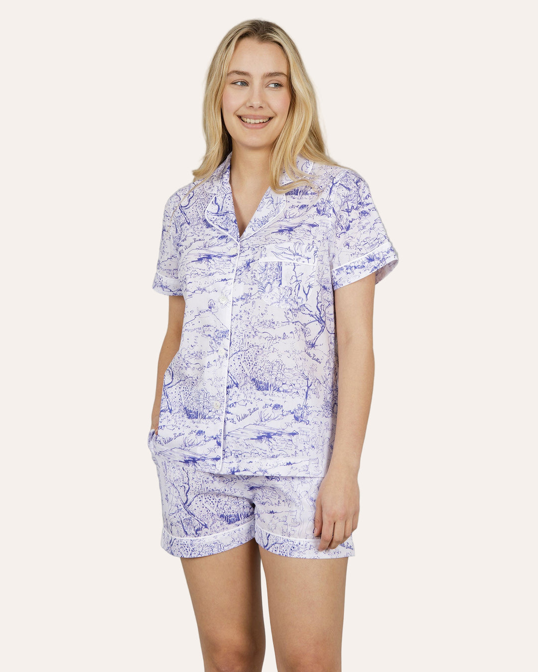Womens Short Pyjamas - Batiss Willow on White Front - Woodstock Laundry