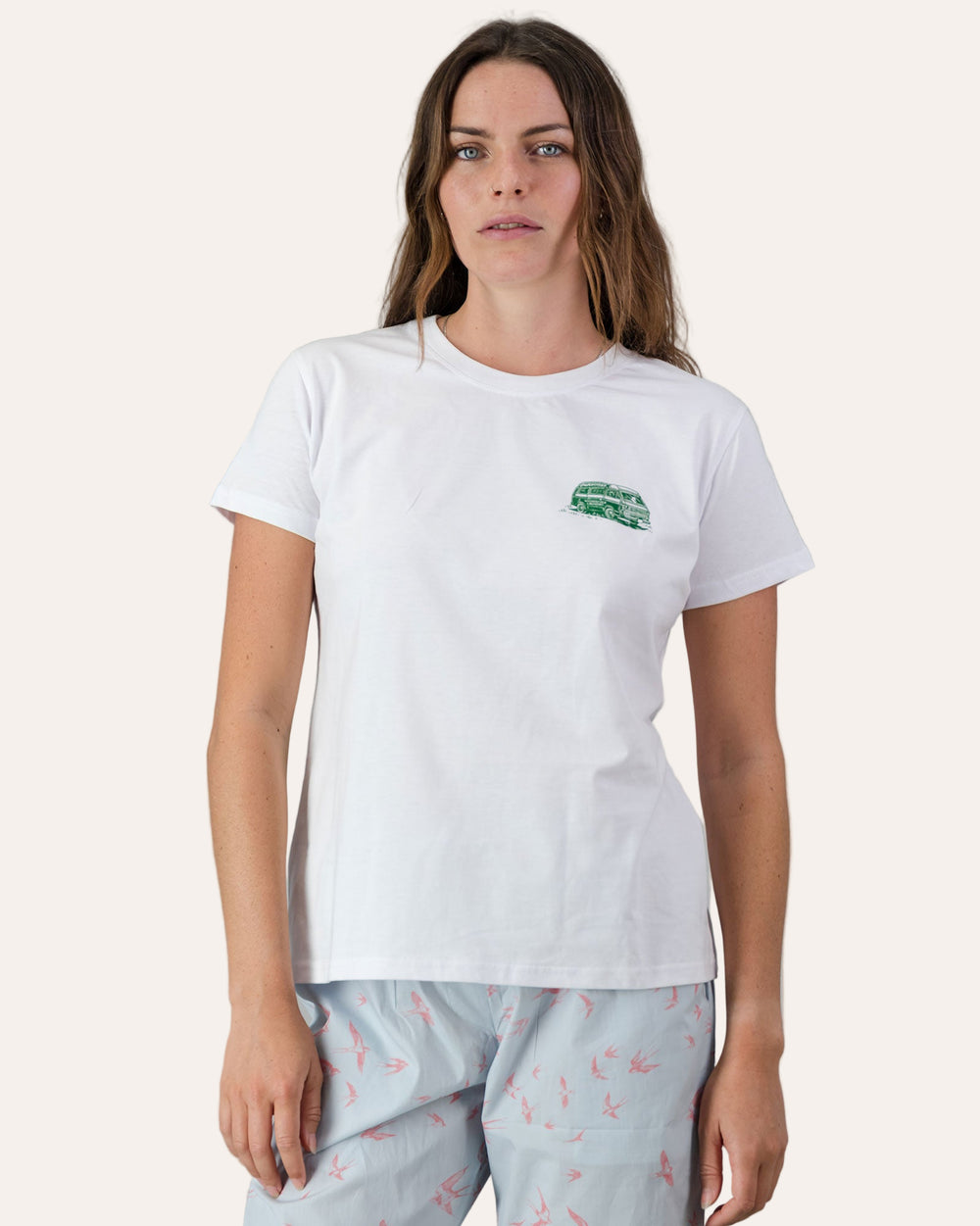 Womens T-Shirt - Green Campers on White Front - Woodstock Laundry