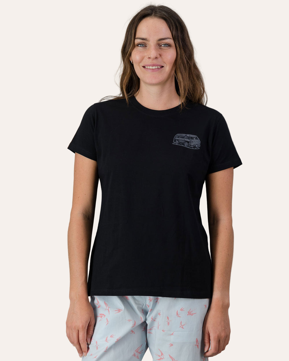 Womens T-Shirt - Dark Grey Campers on Black Front - Woodstock Laundry