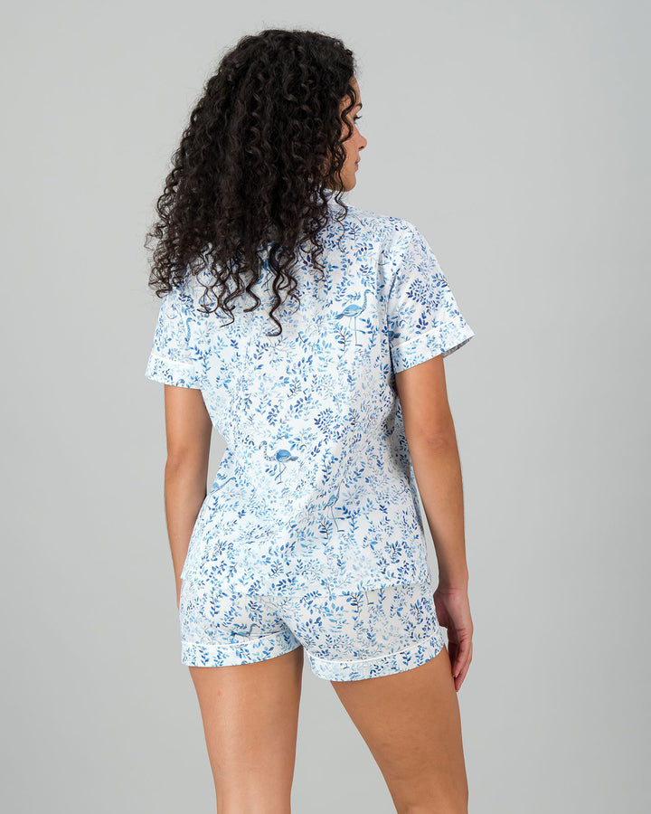 Womens Short Pyjamas - Blue Summer Vines on White Back - Woodstock Laundry