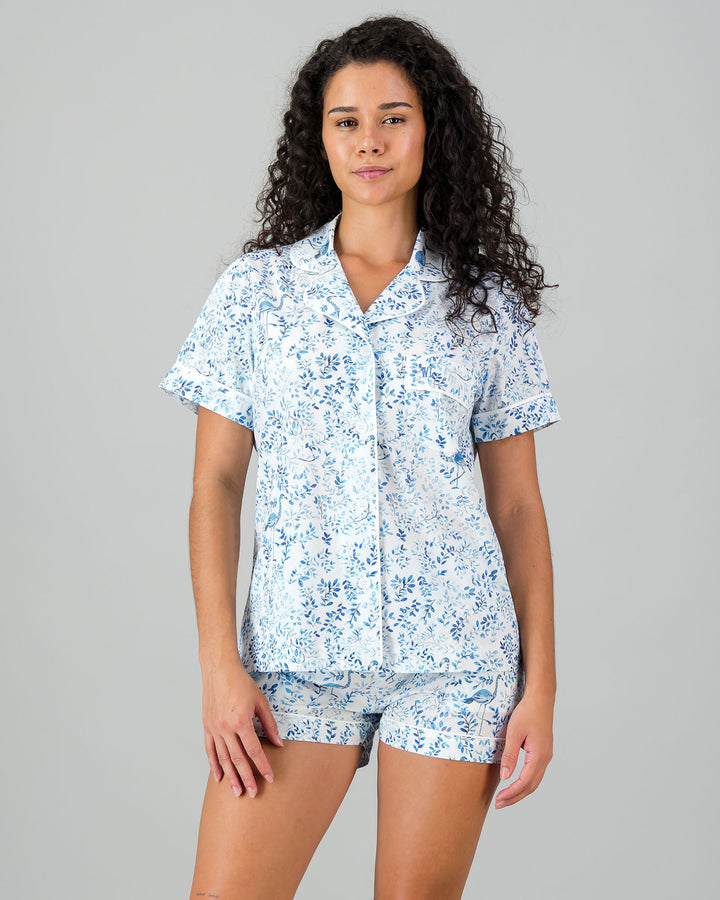 Womens Short Pyjamas - Blue Summer Vines on White Front - Woodstock Laundry