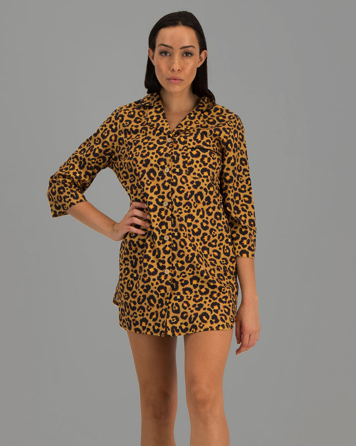 Womens Sleepshirt - Leopard Skin on Orange Front - Woodstock Laundry