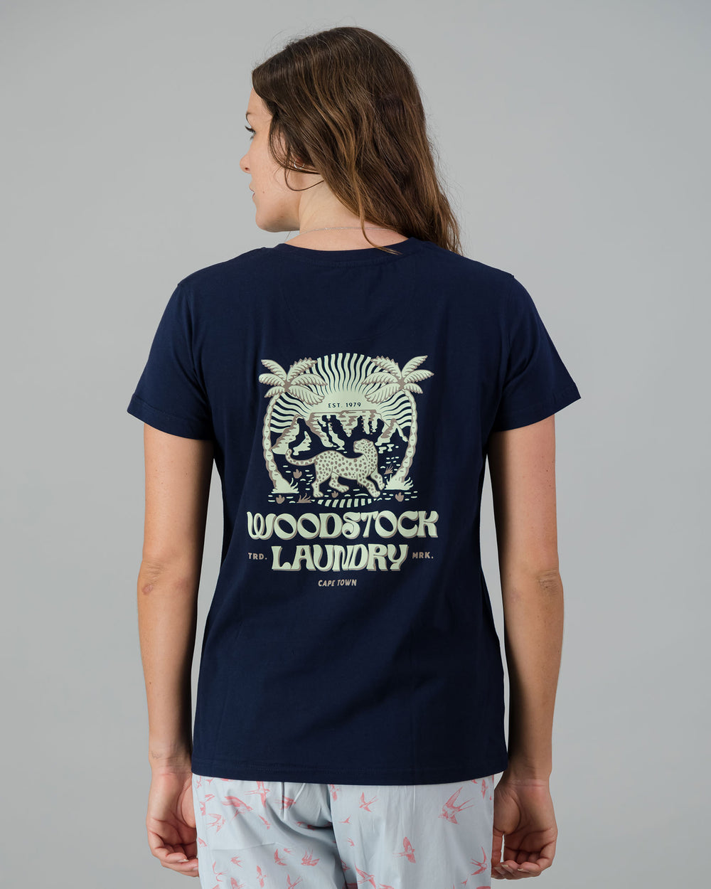 Womens T-Shirt - Turquoise Leopard on Navy Back - Woodstock Laundry