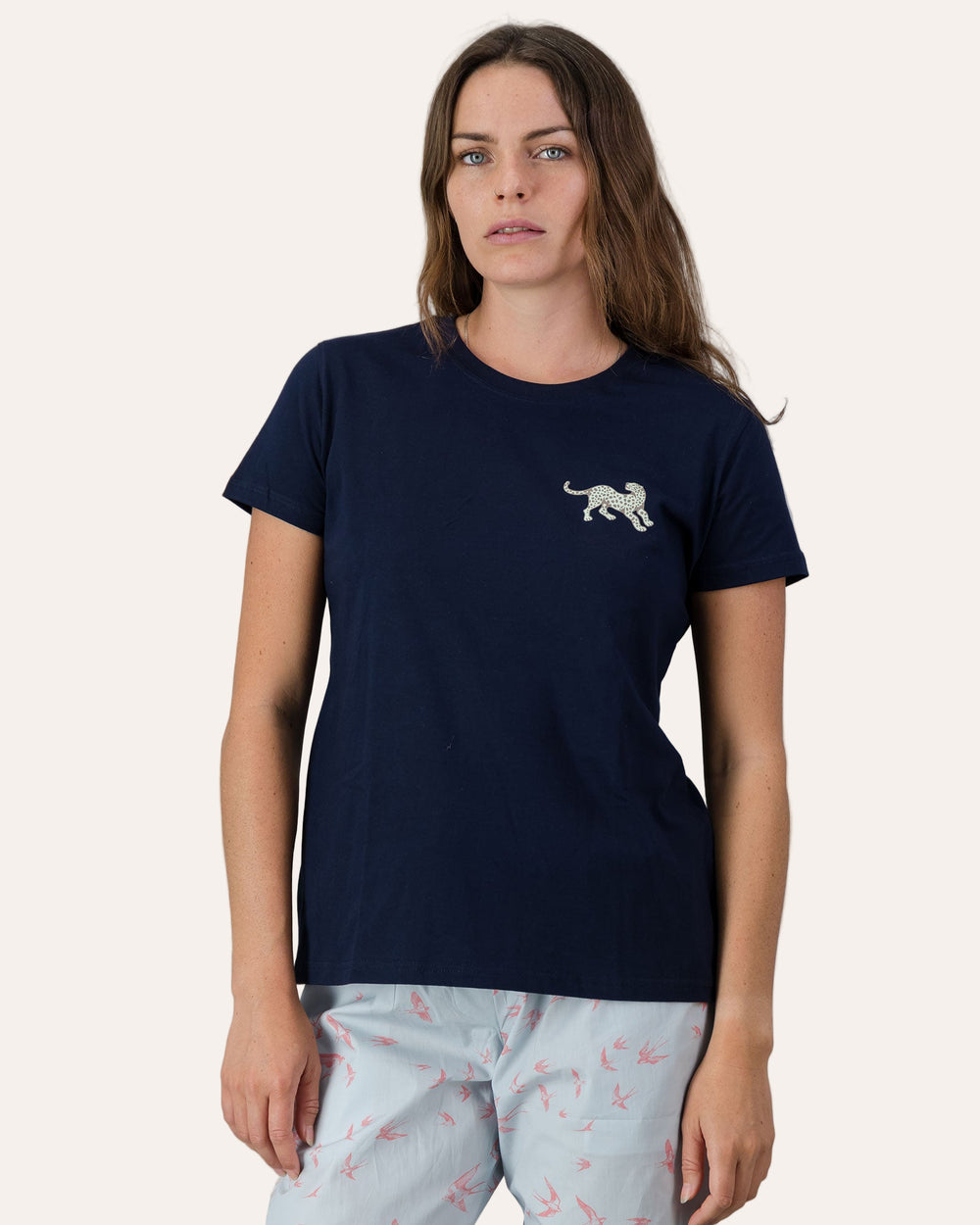 Womens T-Shirt - Turquoise Leopard on Navy Front - Woodstock Laundry