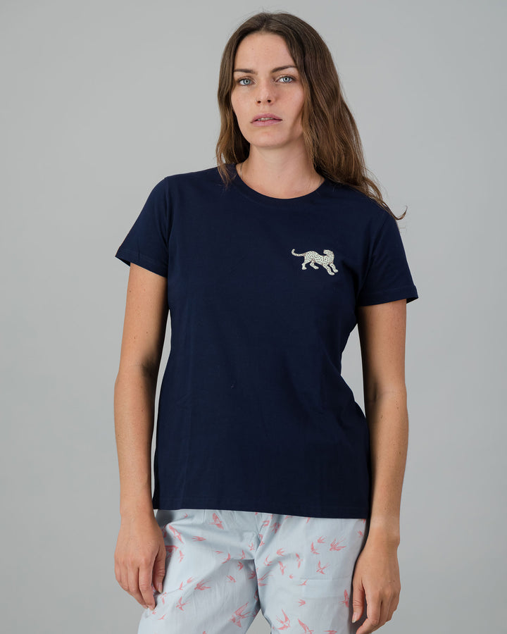 Womens T-Shirt - Turquoise Leopard on Navy Front - Woodstock Laundry