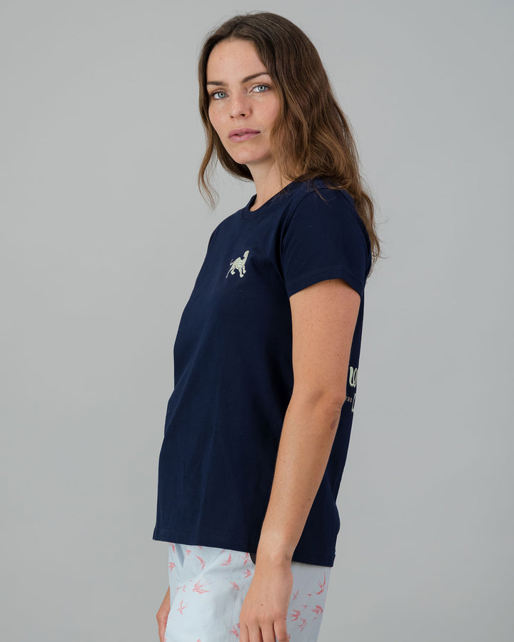 Womens T-Shirt - Turquoise Leopard on Navy Side - Woodstock Laundry