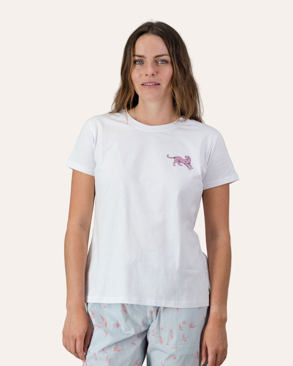 Womens T-Shirt - Pink Leopard on White Front