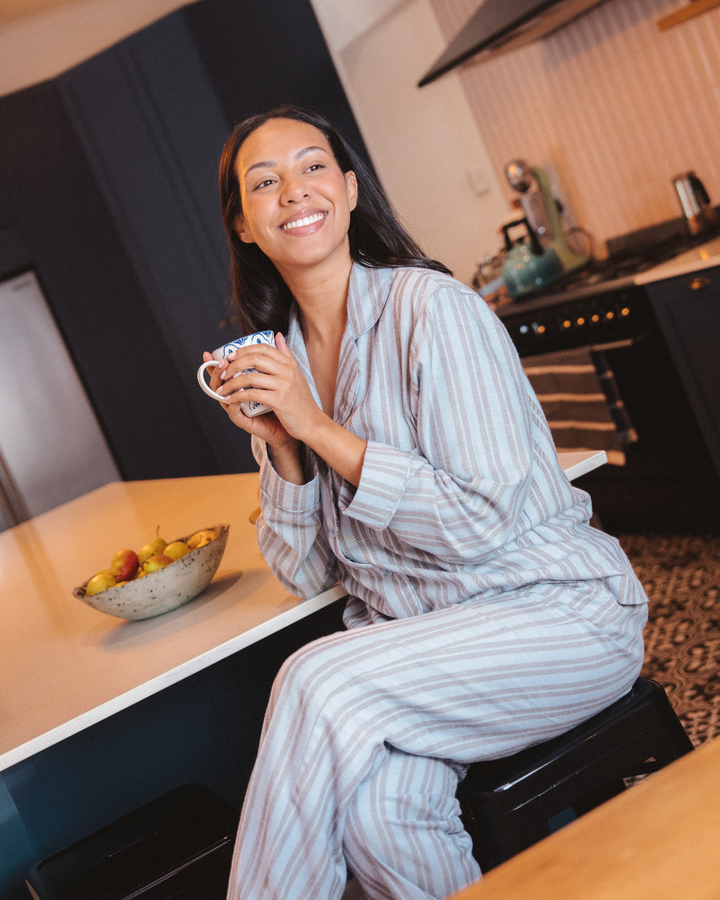 Womens Long Pyjamas - Grey Stripe on Turquoise