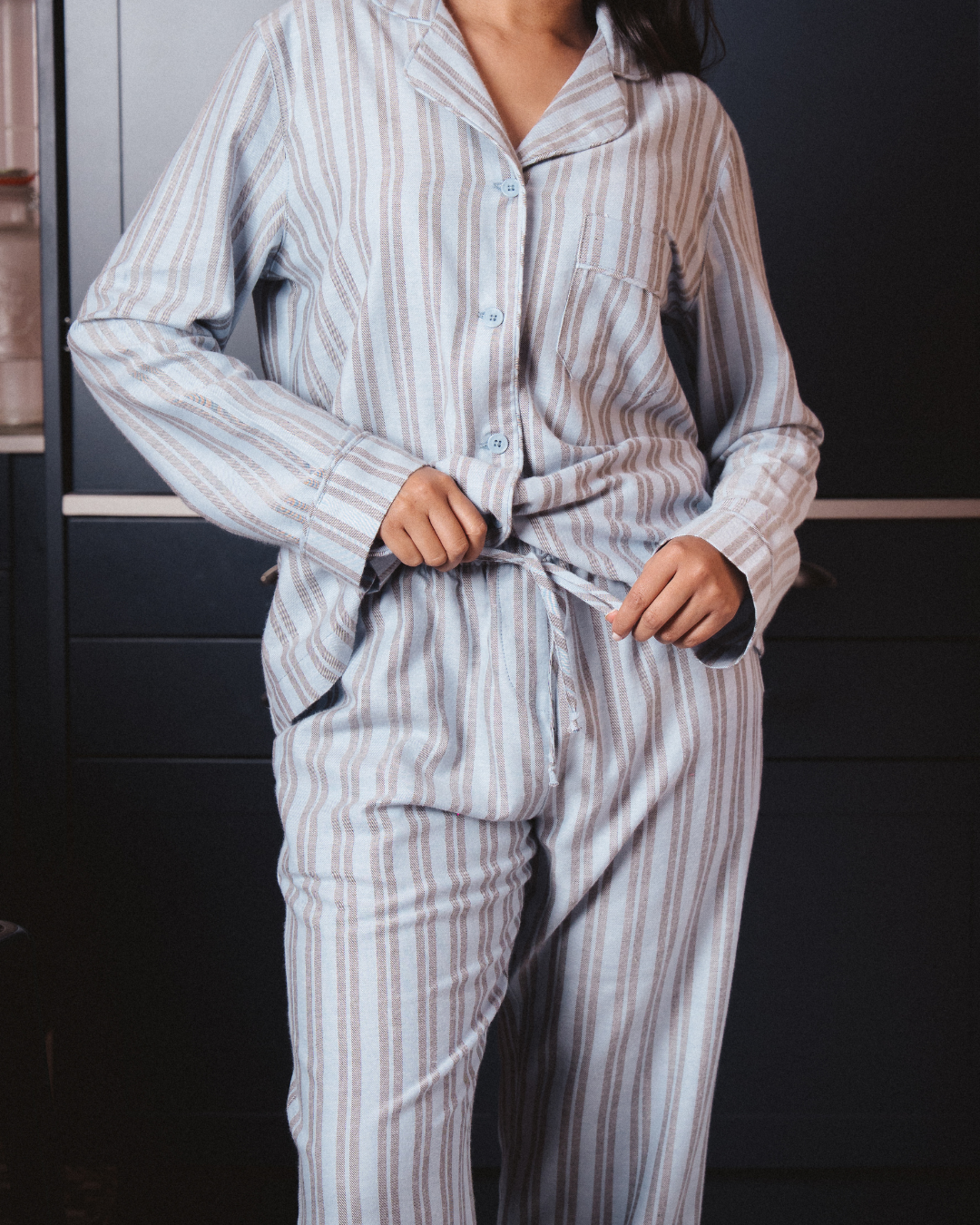 Womens Long Pyjamas - Grey Stripe on Turquoise