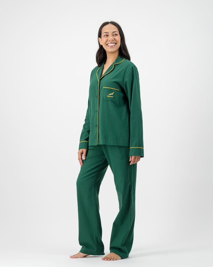 Womens Long Pyjamas - Springboks on Green