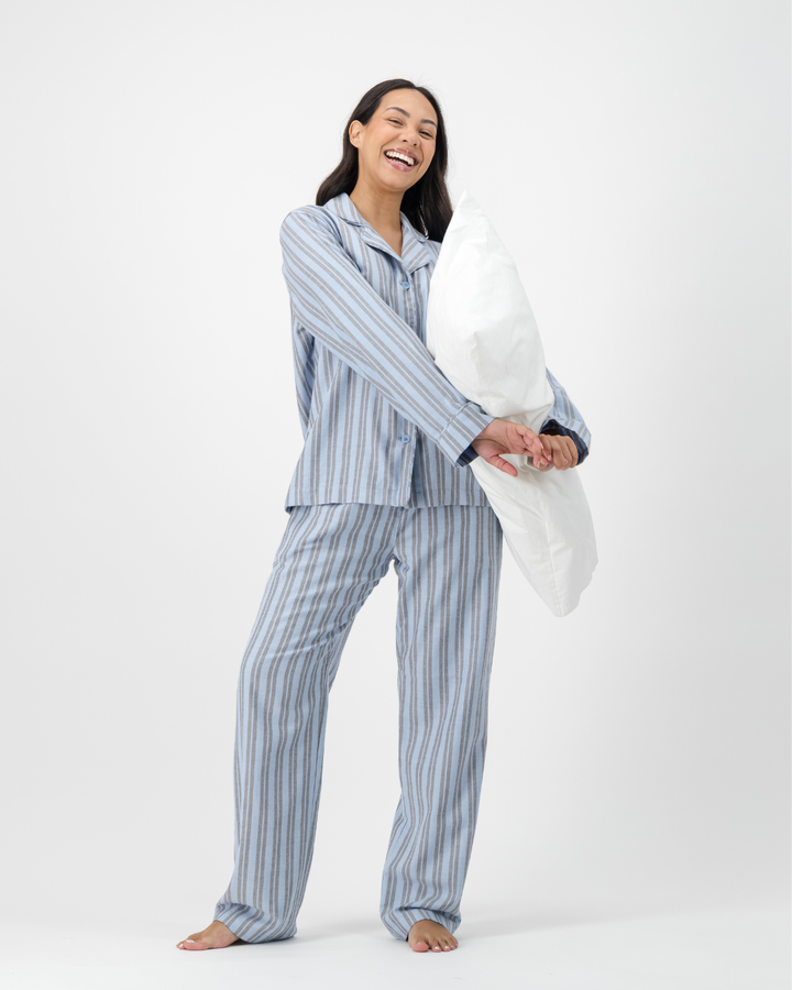 Womens Long Pyjamas - Grey Stripe on Turquoise