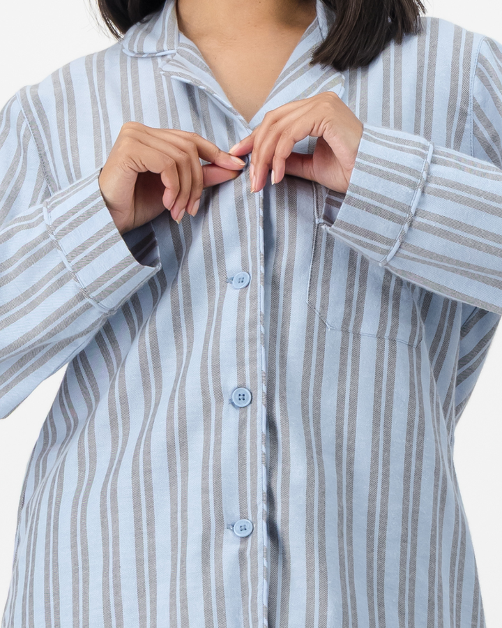 Womens Long Pyjamas - Grey Stripe on Turquoise