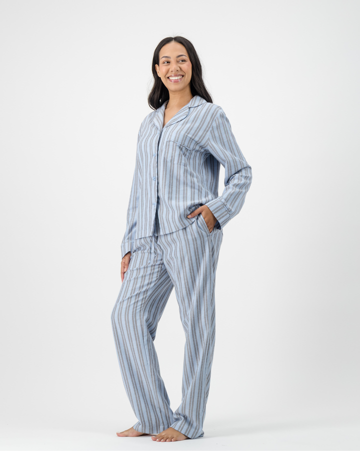 Womens Long Pyjamas - Grey Stripe on Turquoise