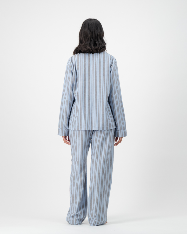 Womens Long Pyjamas - Grey Stripe on Turquoise