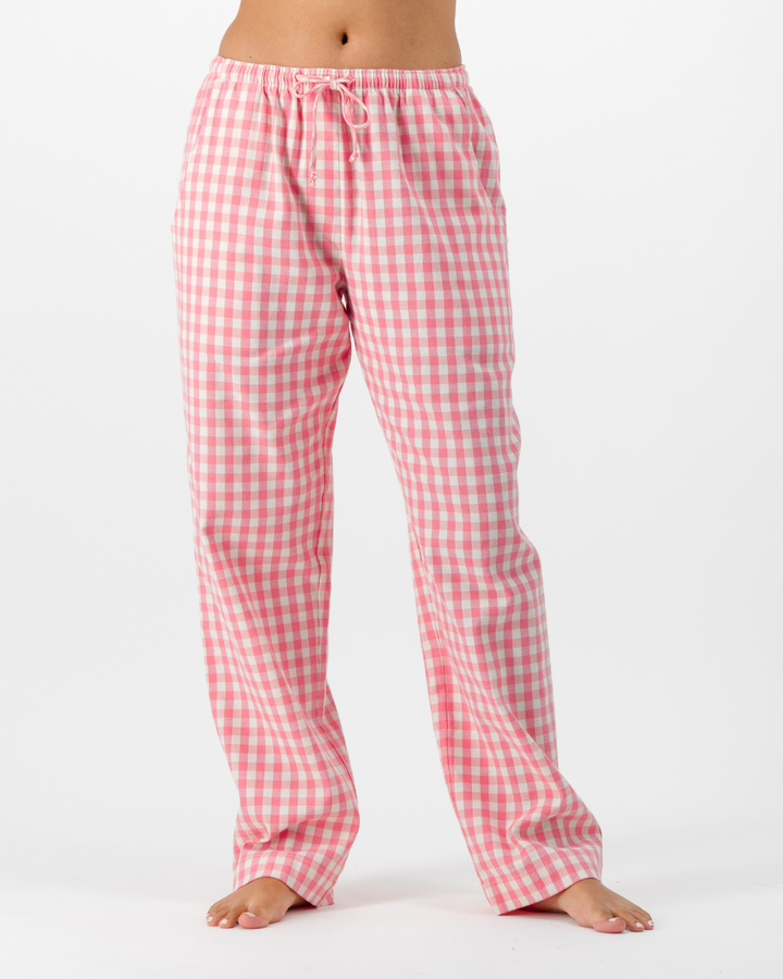 Womens Lounge Pants - Pink Gingham on Cream